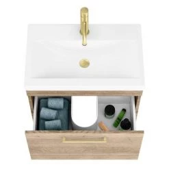Arezzo Wall Hung Vanity Unit - Rustic Oak - 600mm with Brushed Brass Handle 10 Arezzo Wall Hung Vanity Unit - Rustic Oak - 600mm with Brushed Brass Handle -Wall Hung Vanity Units Shop AZRO6WHVBB d3 460