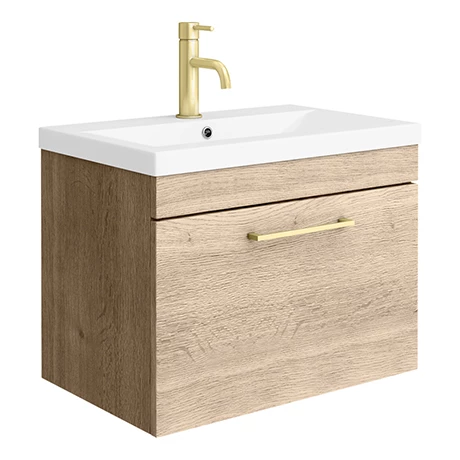 Arezzo Wall Hung Vanity Unit - Rustic Oak - 600mm with Brushed Brass Handle 3 Arezzo Wall Hung Vanity Unit - Rustic Oak - 600mm with Brushed Brass Handle