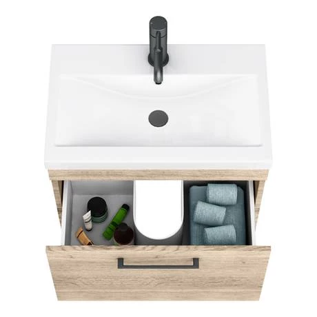 Arezzo Wall Hung Vanity Unit - Rustic Oak - 600mm with Matt Black Handle 6 Arezzo Wall Hung Vanity Unit - Rustic Oak - 600mm with Matt Black Handle - Image 4