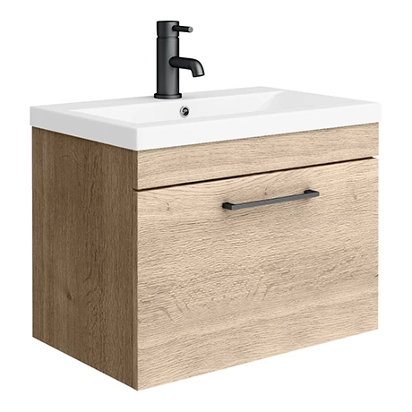 Arezzo Wall Hung Vanity Unit - Rustic Oak - 600mm with Matt Black Handle 3 Arezzo Wall Hung Vanity Unit - Rustic Oak - 600mm with Matt Black Handle
