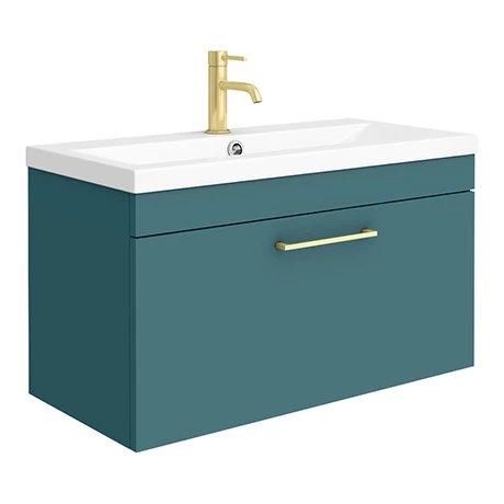 Arezzo Wall Hung Vanity Unit - Matt Green - 800mm with Brushed Brass Handle 3 Arezzo Wall Hung Vanity Unit - Matt Green - 800mm with Brushed Brass Handle