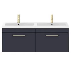 Arezzo Matt Blue Wall Hung Double Basin Vanity Unit (1205mm w. Brushed Brass Handles) 9 Arezzo Matt Blue Wall Hung Double Basin Vanity Unit (1205mm w. Brushed Brass Handles) -Wall Hung Vanity Units Shop AZWH12BBR1D d2 460