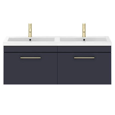 Arezzo Matt Blue Wall Hung Double Basin Vanity Unit (1205mm w. Brushed Brass Handles) 5 Arezzo Matt Blue Wall Hung Double Basin Vanity Unit (1205mm w. Brushed Brass Handles) - Image 3