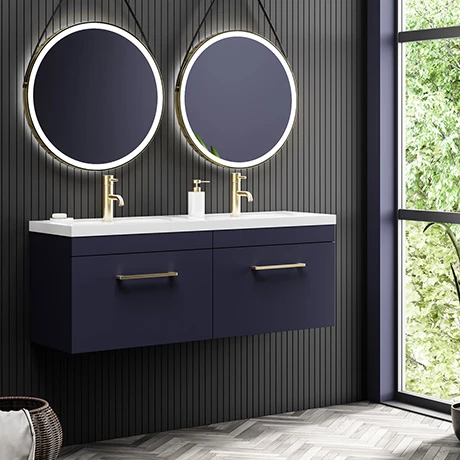 Arezzo Matt Blue Wall Hung Double Basin Vanity Unit (1205mm w. Brushed Brass Handles) 3 Arezzo Matt Blue Wall Hung Double Basin Vanity Unit (1205mm w. Brushed Brass Handles)