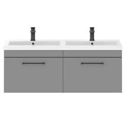 Arezzo Matt Grey Wall Hung Double Basin Vanity Unit (1205mm w. Matt Black Handles) -Wall Hung Vanity Units Shop AZWH12GMB1D d2 460
