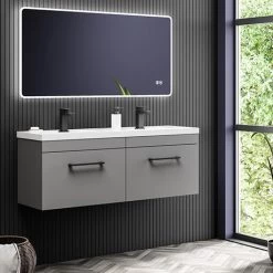 Arezzo Matt Grey Wall Hung Double Basin Vanity Unit (1205mm w. Matt Black Handles)