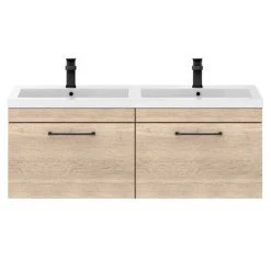 Arezzo Rustic Oak Wall Hung Double Basin Vanity Unit (1205mm w. Matt Black Handles) -Wall Hung Vanity Units Shop AZWH12OMBR1D d2 460
