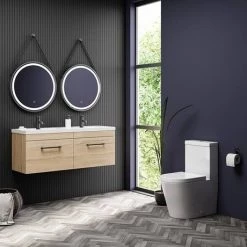 Arezzo Rustic Oak Wall Hung Double Basin Vanity Unit (1205mm w. Matt Black Handles) -Wall Hung Vanity Units Shop AZWH12OMBR1D d4 460