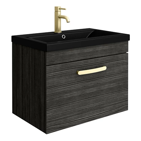 Brooklyn 600mm Black Wall Hung 1-Drawer Vanity Unit with Matt Black Basin + Brass Handle 3 Brooklyn 600mm Black Wall Hung 1-Drawer Vanity Unit with Matt Black Basin + Brass Handle