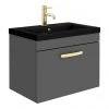 Brooklyn 600mm Gloss Grey Wall Hung 1-Drawer Vanity Unit with Matt Black Basin + Brass Handle