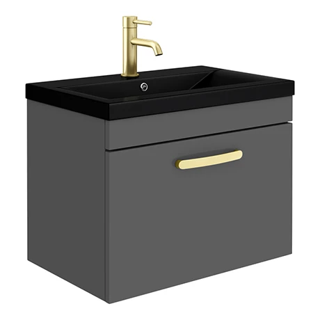 Brooklyn 600mm Gloss Grey Wall Hung 1-Drawer Vanity Unit with Matt Black Basin + Brass Handle 3 Brooklyn 600mm Gloss Grey Wall Hung 1-Drawer Vanity Unit with Matt Black Basin + Brass Handle