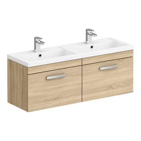 Brooklyn 1205mm Natural Oak Wall Hung 2 Drawer Double Basin Vanity Unit 3 Brooklyn 1205mm Natural Oak Wall Hung 2 Drawer Double Basin Vanity Unit