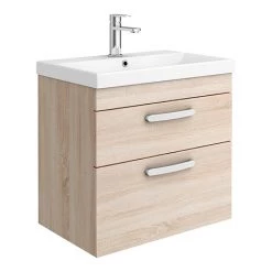 Brooklyn 600 Natural Oak Wall Hung 2 Drawer Vanity Unit with Thin-Edge Basin