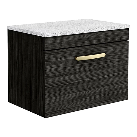 Brooklyn Wall Hung Countertop Vanity - Black - 600mm with White Worktop & Brushed Brass Handle 3 Brooklyn Wall Hung Countertop Vanity - Black - 600mm with White Worktop & Brushed Brass Handle