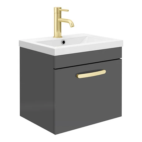 Brooklyn 500mm Gloss Grey Wall Hung 1-Drawer Vanity Unit with Brushed Brass Handle 3 Brooklyn 500mm Gloss Grey Wall Hung 1-Drawer Vanity Unit with Brushed Brass Handle