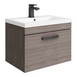 Brooklyn Wall Hung Vanity - Grey Avola - 600mm Wide 1-Drawer inc. Matt Black Handle