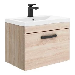 Brooklyn Wall Hung Vanity - Natural Oak - 600mm Wide 1-Drawer inc. Matt Black Handle