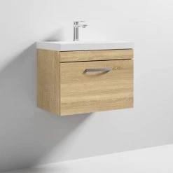 Brooklyn 600 Natural Oak Wall Hung 1-Drawer Vanity Unit with Thin-Edge Basin -Wall Hung Vanity Units Shop BWHSD6OAKTE d3 460