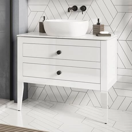 Crosswater Canvass White Gloss 900mm Double Drawer Unit with Carrara Marble Effect Worktop 6 Crosswater Canvass White Gloss 900mm Double Drawer Unit with Carrara Marble Effect Worktop - Image 4