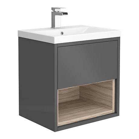 Haywood 500mm Gloss Grey / Driftwood Wall Hung Vanity Unit with Open Shelf + Ceramic Basin 3 Haywood 500mm Gloss Grey / Driftwood Wall Hung Vanity Unit with Open Shelf + Ceramic Basin