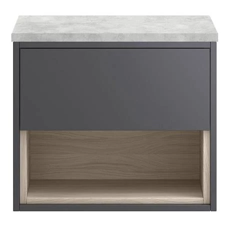 Haywood Gloss Grey / Driftwood Wall Hung Countertop Vanity - 600mm w. Open Shelf + Bellato Grey Worktop 4 Haywood Gloss Grey / Driftwood Wall Hung Countertop Vanity - 600mm w. Open Shelf + Bellato Grey Worktop - Image 2