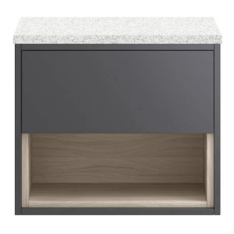 Haywood Gloss Grey / Driftwood Wall Hung Countertop Vanity - 600mm w. Open Shelf + White Worktop 4 Haywood Gloss Grey / Driftwood Wall Hung Countertop Vanity - 600mm w. Open Shelf + White Worktop - Image 2