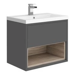 Haywood 600mm Gloss Grey / Driftwood Wall Hung Vanity Unit with Open Shelf + Ceramic Basin