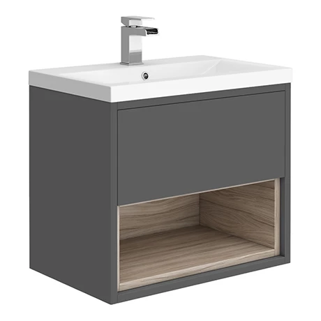 Haywood 600mm Gloss Grey / Driftwood Wall Hung Vanity Unit with Open Shelf + Ceramic Basin 3 Haywood 600mm Gloss Grey / Driftwood Wall Hung Vanity Unit with Open Shelf + Ceramic Basin