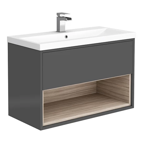 Haywood 800mm Gloss Grey / Driftwood Wall Hung Vanity Unit with Open Shelf + Ceramic Basin 3 Haywood 800mm Gloss Grey / Driftwood Wall Hung Vanity Unit with Open Shelf + Ceramic Basin
