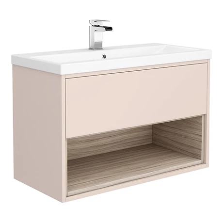 Haywood 800mm Matt Pink / Driftwood Wall Hung Vanity Unit with Open Shelf + Ceramic Basin 3 Haywood 800mm Matt Pink / Driftwood Wall Hung Vanity Unit with Open Shelf + Ceramic Basin