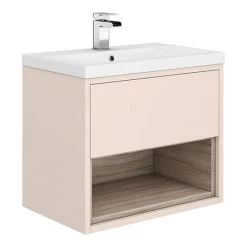 Haywood 600mm Matt Pink / Driftwood Wall Hung Vanity Unit with Open Shelf + Ceramic Basin