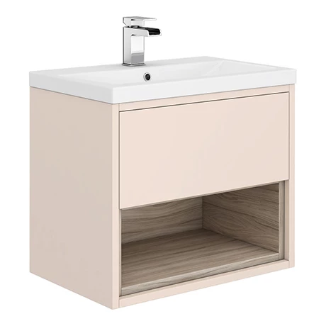 Haywood 600mm Matt Pink / Driftwood Wall Hung Vanity Unit with Open Shelf + Ceramic Basin 3 Haywood 600mm Matt Pink / Driftwood Wall Hung Vanity Unit with Open Shelf + Ceramic Basin