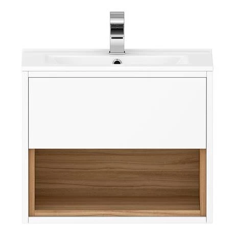 Haywood 500mm Gloss White / Natural Oak Wall Hung Vanity Unit with Open Shelf + Ceramic Basin 7 Haywood 500mm Gloss White / Natural Oak Wall Hung Vanity Unit with Open Shelf + Ceramic Basin - Image 5