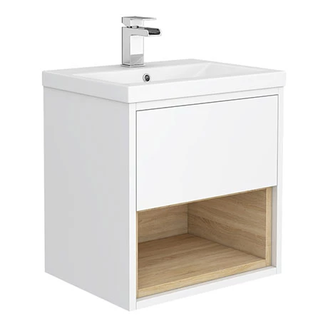 Haywood 500mm Gloss White / Natural Oak Wall Hung Vanity Unit with Open Shelf + Ceramic Basin 3 Haywood 500mm Gloss White / Natural Oak Wall Hung Vanity Unit with Open Shelf + Ceramic Basin