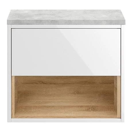 Haywood Gloss White / Natural Oak Wall Hung Countertop Vanity - 600mm w. Open Shelf + Bellato Grey Worktop 4 Haywood Gloss White / Natural Oak Wall Hung Countertop Vanity - 600mm w. Open Shelf + Bellato Grey Worktop - Image 2