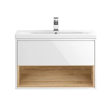 Haywood 800mm Gloss White / Natural Oak Wall Hung Vanity Unit with Open Shelf + Ceramic Basin 5 Haywood 800mm Gloss White / Natural Oak Wall Hung Vanity Unit with Open Shelf + Ceramic Basin - Image 3
