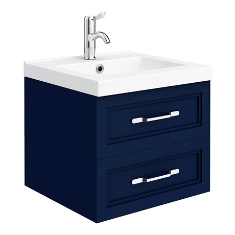 Period Bathroom Co. Wall Hung Vanity - Matt Blue - 500mm 2 Drawer with Chrome Handles 3 Period Bathroom Co. Wall Hung Vanity - Matt Blue - 500mm 2 Drawer with Chrome Handles