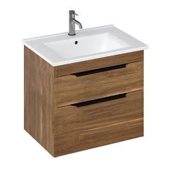 Britton Shoreditch 650mm Wall-Hung Double Drawer Vanity Unit with Black Handles - Caramel