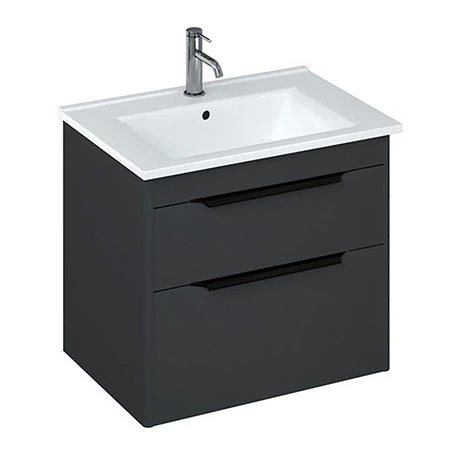 Britton Shoreditch 650mm Wall-Hung Double Drawer Vanity Unit with Black Handles - Matt Grey 3 Britton Shoreditch 650mm Wall-Hung Double Drawer Vanity Unit with Black Handles - Matt Grey