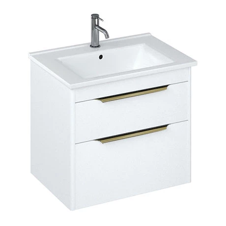 Britton Shoreditch 650mm Wall-Hung Double Drawer Vanity Unit with Brass Handles - Matt White 3 Britton Shoreditch 650mm Wall-Hung Double Drawer Vanity Unit with Brass Handles - Matt White