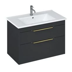 Britton Shoreditch 850mm Wall-Hung Double Drawer Vanity Unit with Brass Handles - Matt Grey