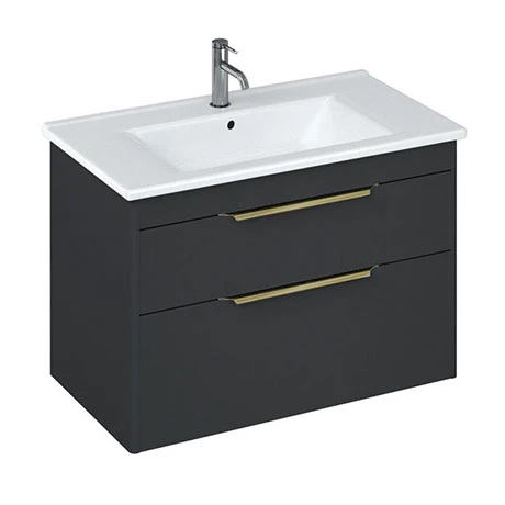 Britton Shoreditch 850mm Wall-Hung Double Drawer Vanity Unit with Brass Handles - Matt Grey 3 Britton Shoreditch 850mm Wall-Hung Double Drawer Vanity Unit with Brass Handles - Matt Grey