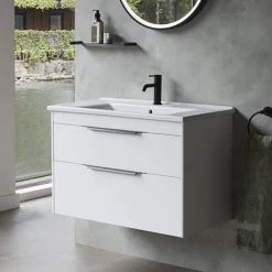 Britton Shoreditch 850mm Wall-Hung Double Drawer Vanity Unit with Chrome Handles - Matt White -Wall Hung Vanity Units Shop S85DDWSQ D1 460