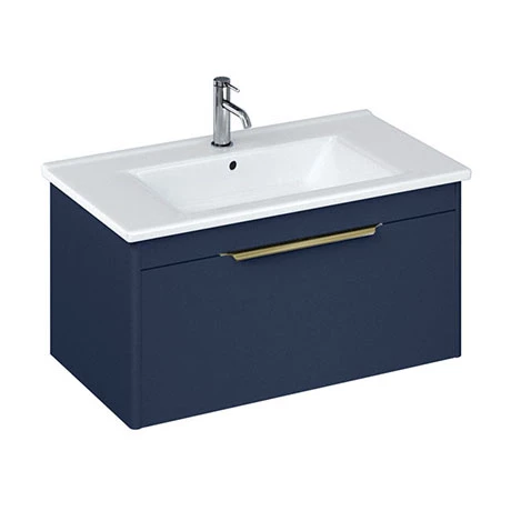 Britton Shoreditch 850mm Wall-Hung Single Drawer Vanity Unit with Brass Handle - Matt Blue 3 Britton Shoreditch 850mm Wall-Hung Single Drawer Vanity Unit with Brass Handle - Matt Blue