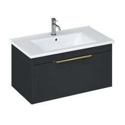 Britton Shoreditch 850mm Wall-Hung Single Drawer Vanity Unit with Brass Handle - Matt Grey