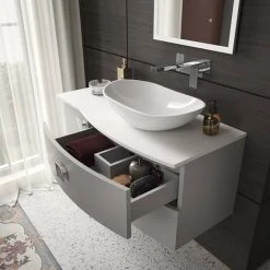 Hudson Reed Sarenna Wall Hung Countertop Vanity Unit - Dove Grey - 1000mm with White Marble Top -Wall Hung Vanity Units Shop SAR203 D2 460