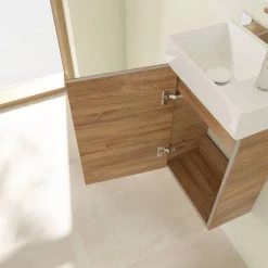 Villeroy and Boch Avento Oak Kansas 360mm Wall Hung Vanity Unit with Left Bowl Basin -Wall Hung Vanity Units Shop SAVE31RH01 D6 460