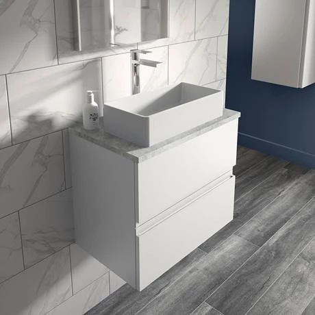 Hudson Reed Urban 600mm Satin White Vanity Unit - Wall Hung 2 Drawer Unit with Grey Worktop 4 Hudson Reed Urban 600mm Satin White Vanity Unit - Wall Hung 2 Drawer Unit with Grey Worktop - Image 2
