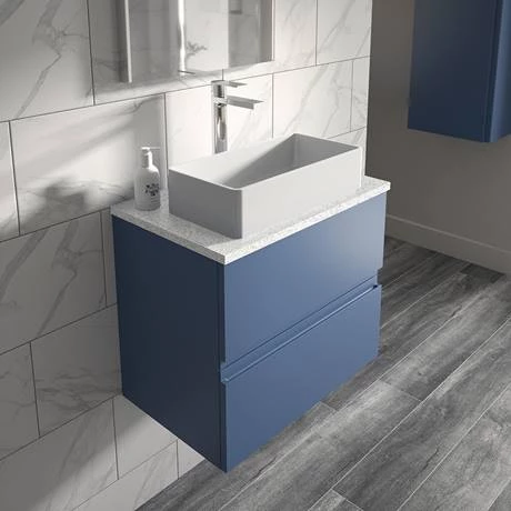 Hudson Reed Urban 600mm Satin Blue Vanity Unit - Wall Hung 2 Drawer Unit with White Worktop 4 Hudson Reed Urban 600mm Satin Blue Vanity Unit - Wall Hung 2 Drawer Unit with White Worktop - Image 2