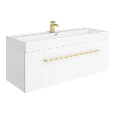 Valencia 1200 Gloss White Minimalist Wall Hung Vanity Unit with Brass Handle 3 Valencia 1200 Gloss White Minimalist Wall Hung Vanity Unit with Brass Handle
